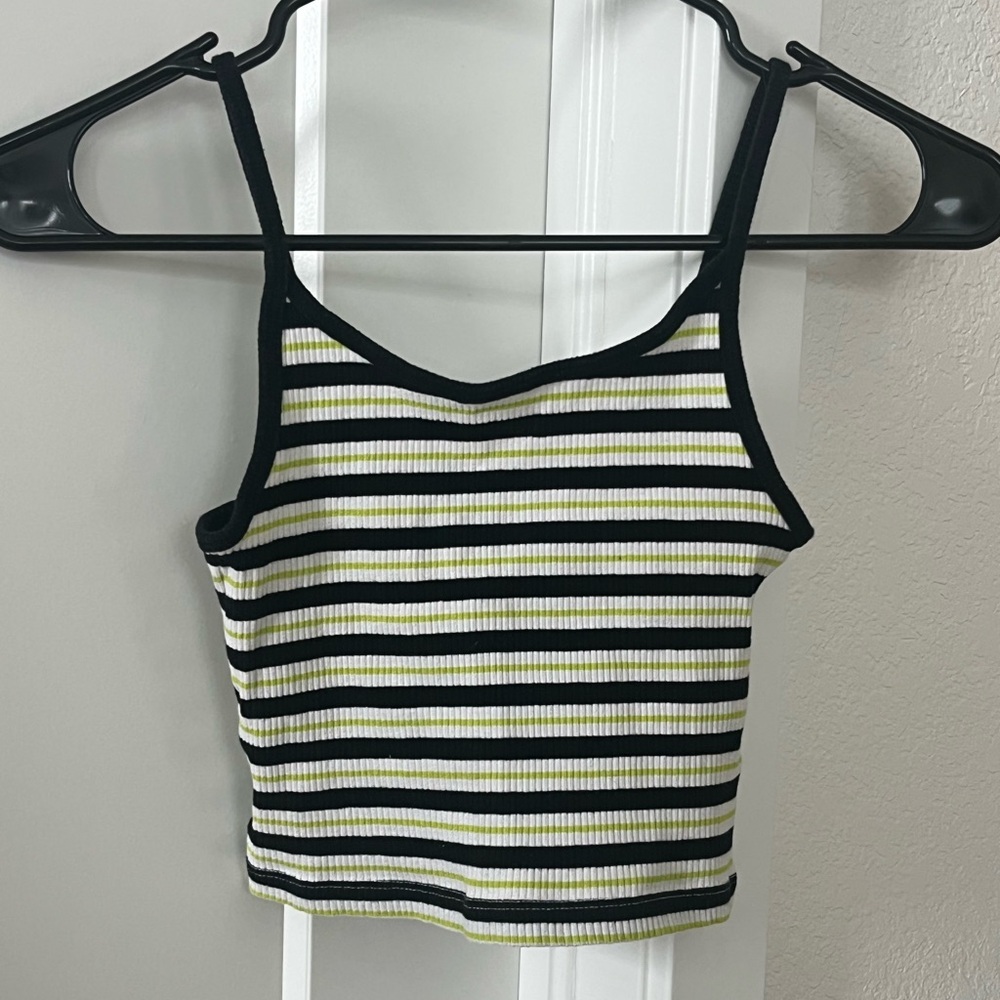 Striped Ribbed Crop Tank Top - Black, White & Green